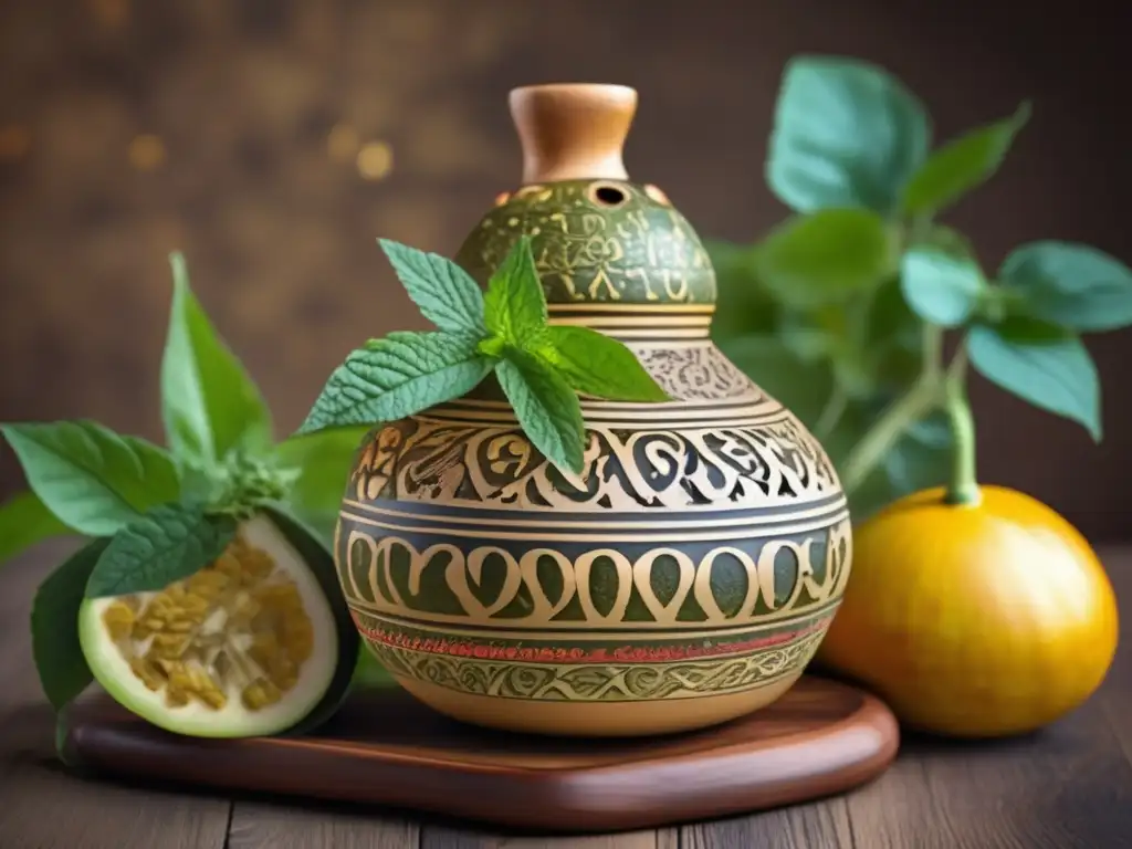 Mate con yerba mate, hierbas aromáticas y frutas, en una tradicional mate gourd adornada con tallados