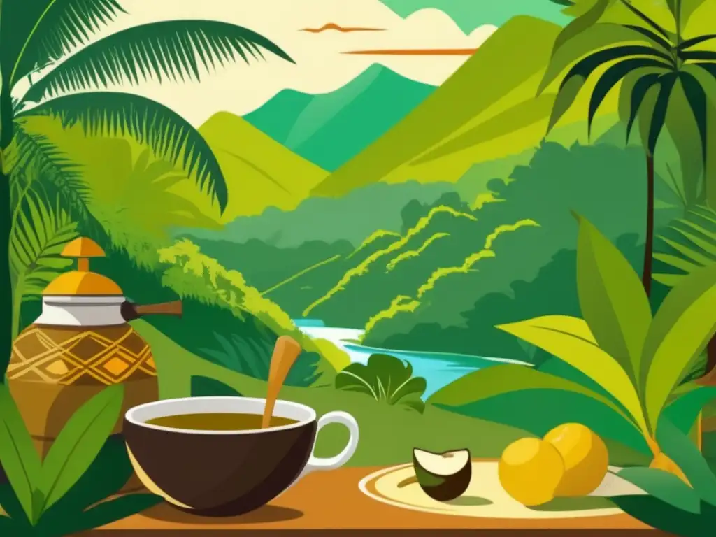 Ilustración vintage: Descubrimiento y tradición de la yerba mate en la selva tropical con indígenas Guarani