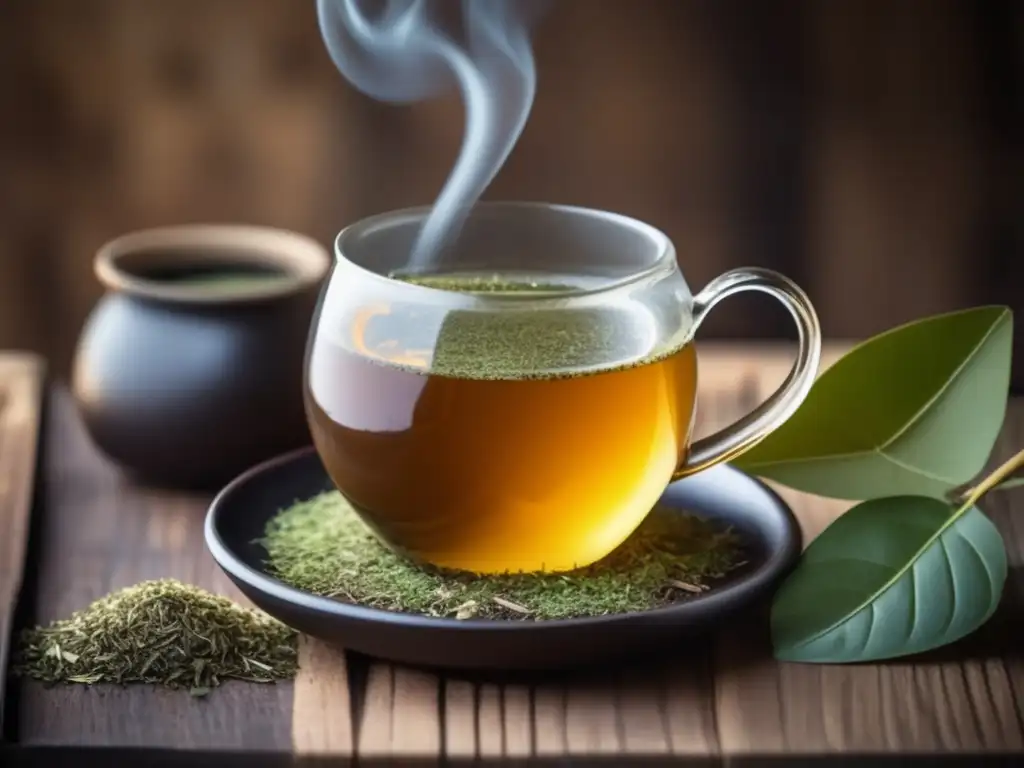 Yerba mate: taza vintage con té oscuro y hojas secas, beneficios neurodegenerativos