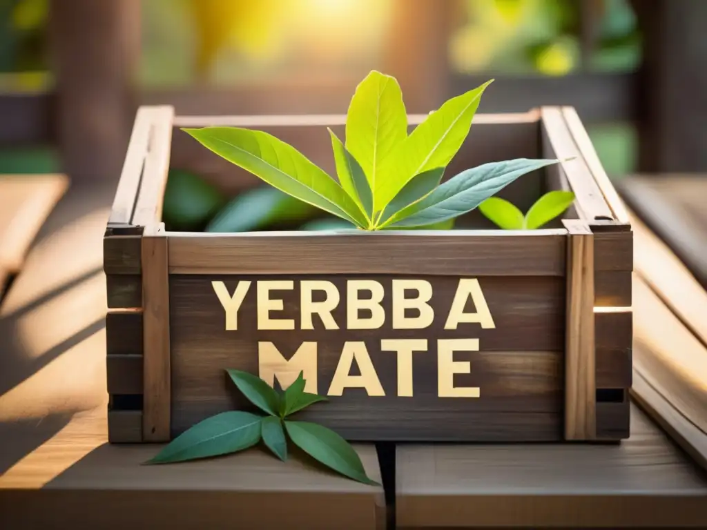 Yerba mate orgánica mercado rentable: imagen de caja de madera vintage llena de hojas frescas de yerba mate