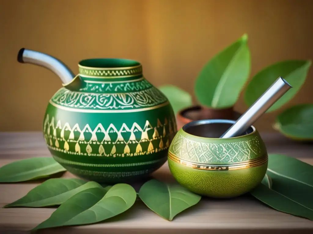Tradicional mate rioplatense con bombilla y hojas vibrantes Tradición de la yerba mate rioplatense con gourd, bombilla y hojas verdes