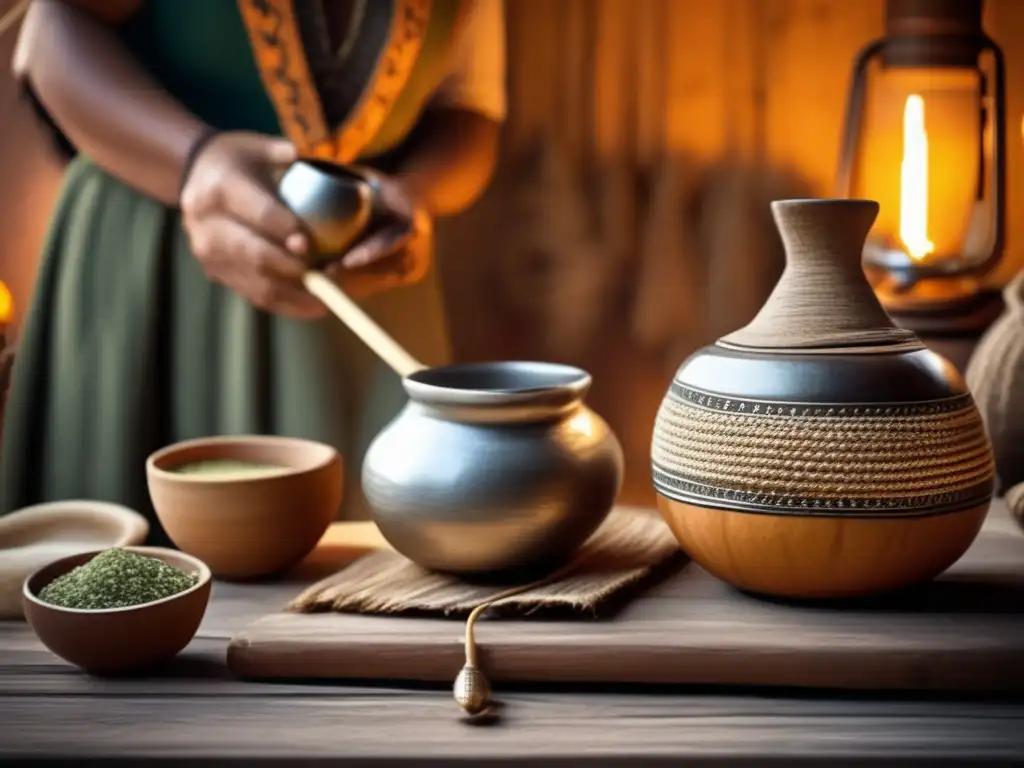 Ceremonia de mate tradicional en ambiente rústico Tradición de la yerba mate rioplatense: ceremonia vintage con mate, decoración rústica, bombilla de plata, vapor y colores vibrantes