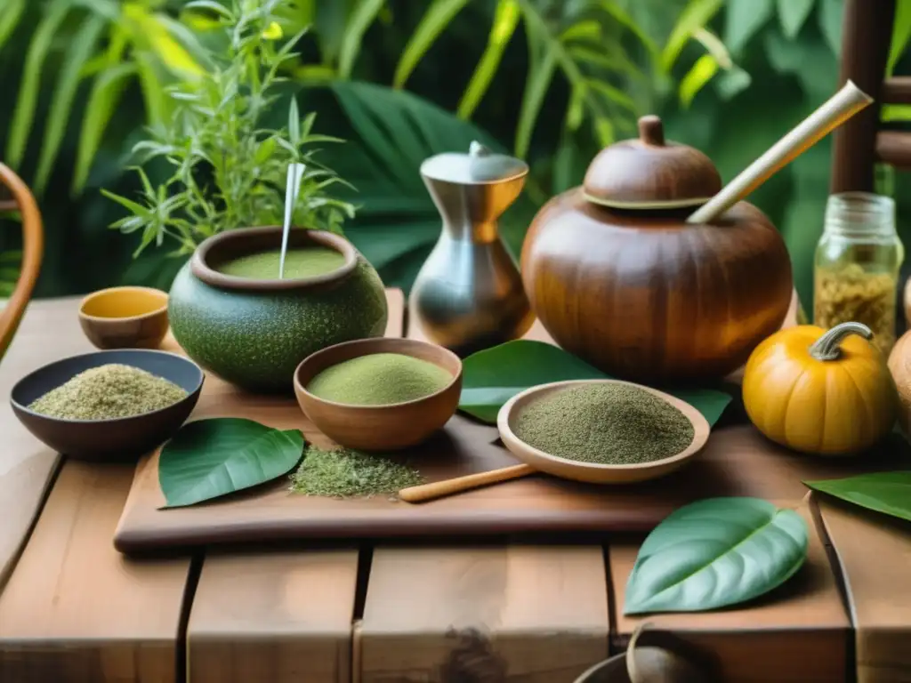 Yerbas compuestas para mate artesanal con gourd y bombilla en mesa rústica rodeada de naturaleza