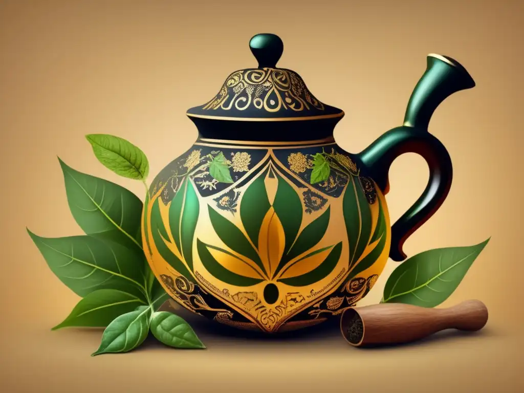 Yerbas saborizadas para mate tradicional: ilustración vintage de una mate gourd con yerba mate y hierbas aromáticas