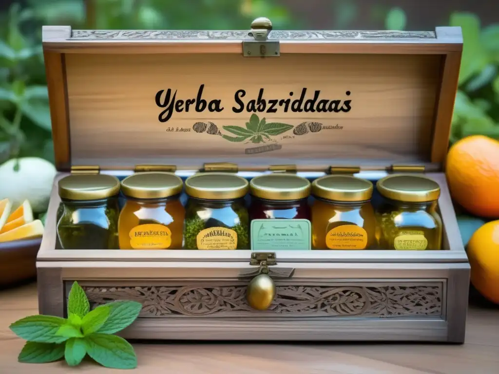 Caja de yerbas saborizadas vintage Yerbas saborizadas para el mate tradicional en caja vintage con colores vibrantes, carvings y etiquetas escritas a mano