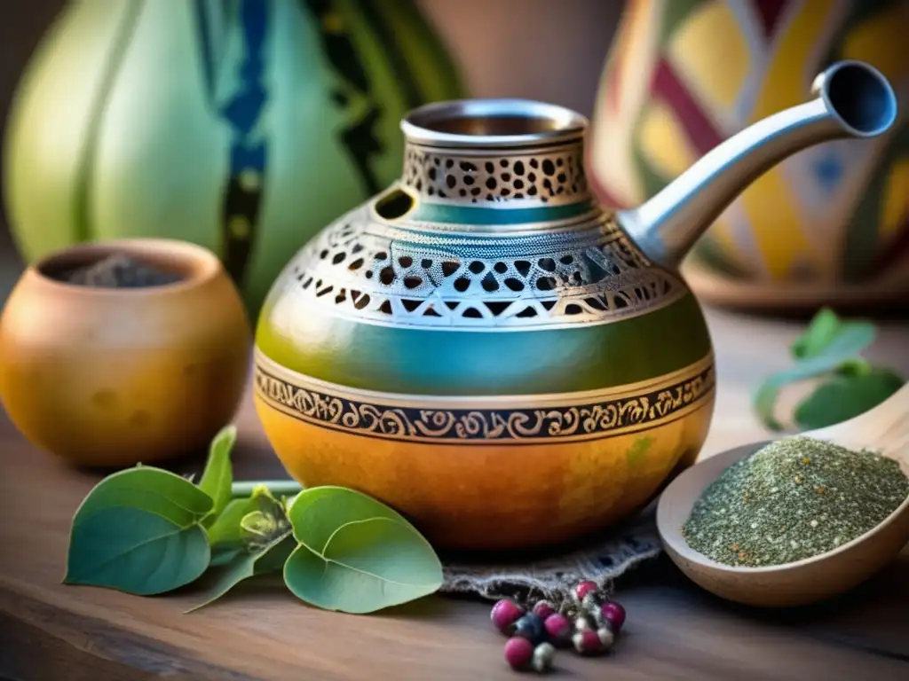Mate gourd with flavored yerba mate blends Yerbas saborizadas para mate tradicional rodeadas de gourd y bombilla, en una imagen vintage con colores y aromas vibrantes