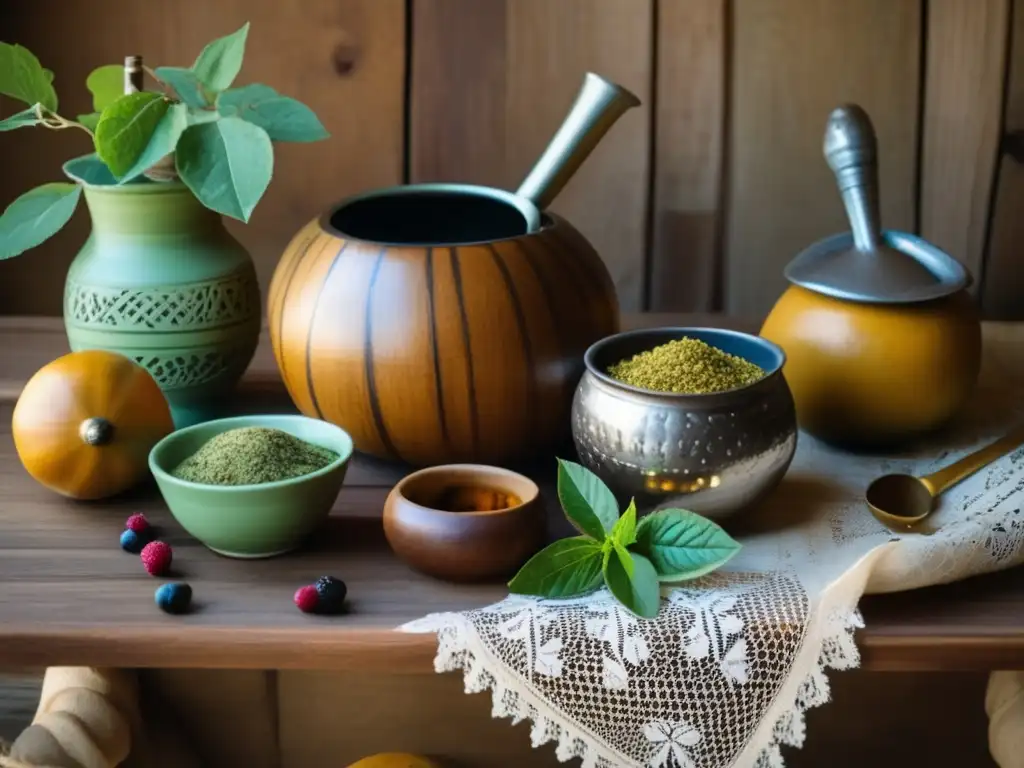 Mesa rústica con mate y accesorios Yerbas saborizadas para mate tradicional en mesa rústica