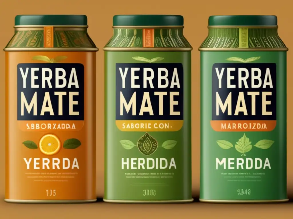 Yerbas saborizadas para mate tradicional con packaging vintage y etiquetas de menta, naranja y hierbas medicinales